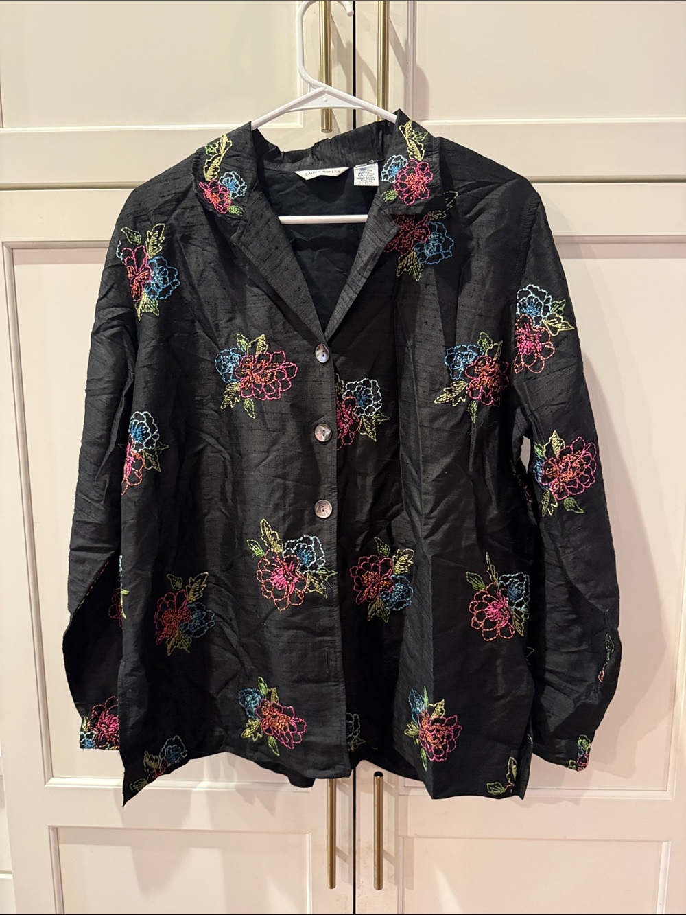 Vintage Laura Ashley Black 100% Silk Embroidered Floral Button-Up Top
